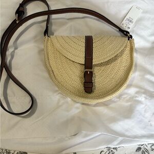 Old Navy Cream and Brown Crossbody Bag with Leather Accents